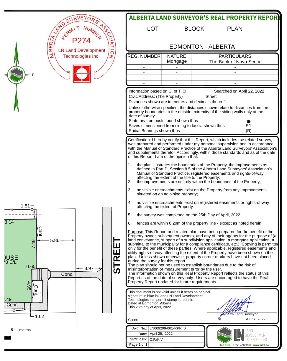 Real Property Report showing an Alberta property survey